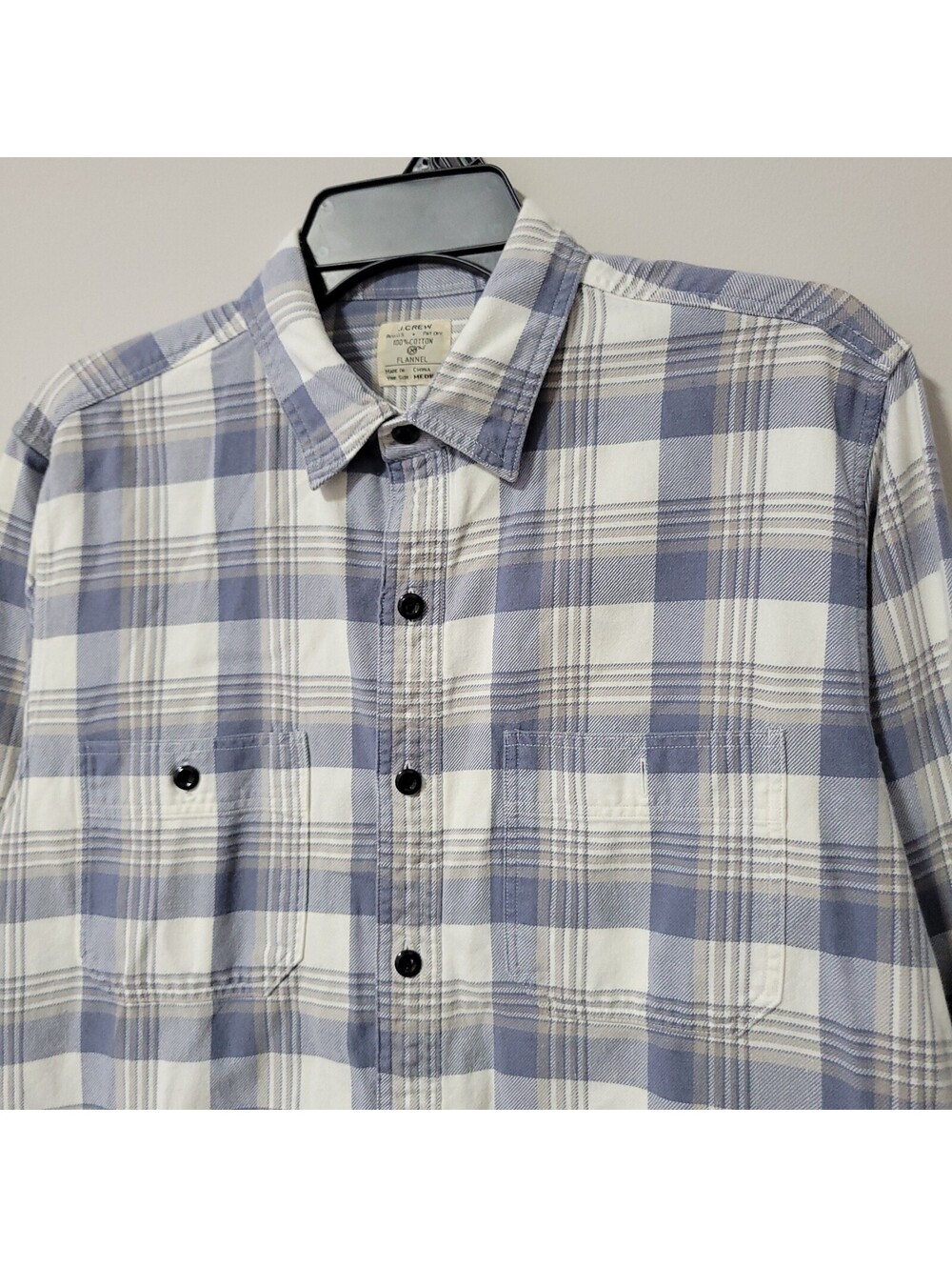 Vintage J.Crew Flannel Shirt Mens M Blue White Plaid Cotton 2 Pocket Casual